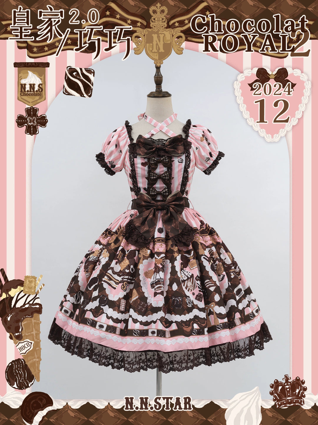 Nn Star~Royal Chocolate 2.0~Sweet Lolita Dress Suit Cute Print Lolita OP and JSK (Short) Pink OP only S