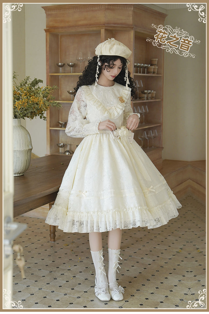 With PUJI~Floral Melody~Ivory Classic Lolita Long Sleeve OP Dress with Layered Bolero