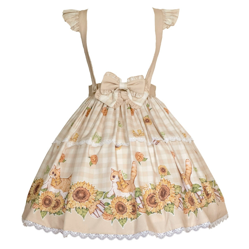 Chaton Jardin~Sunny Cat~Sweet Lolita Suspenders SK Sunflower Print Lolita Skirt   