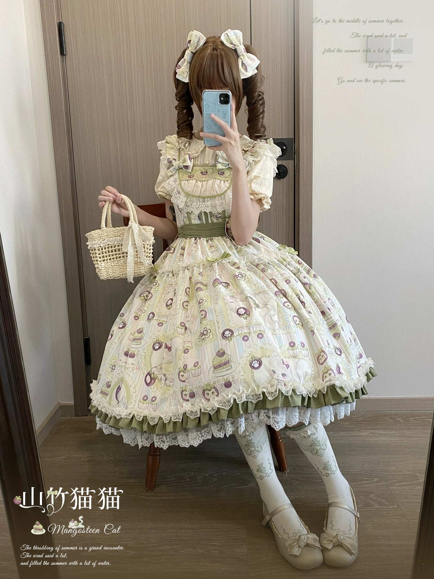 Urtto - Mangosteen Cat - Printed Country Lolita JSK, Pocketed Jacket
