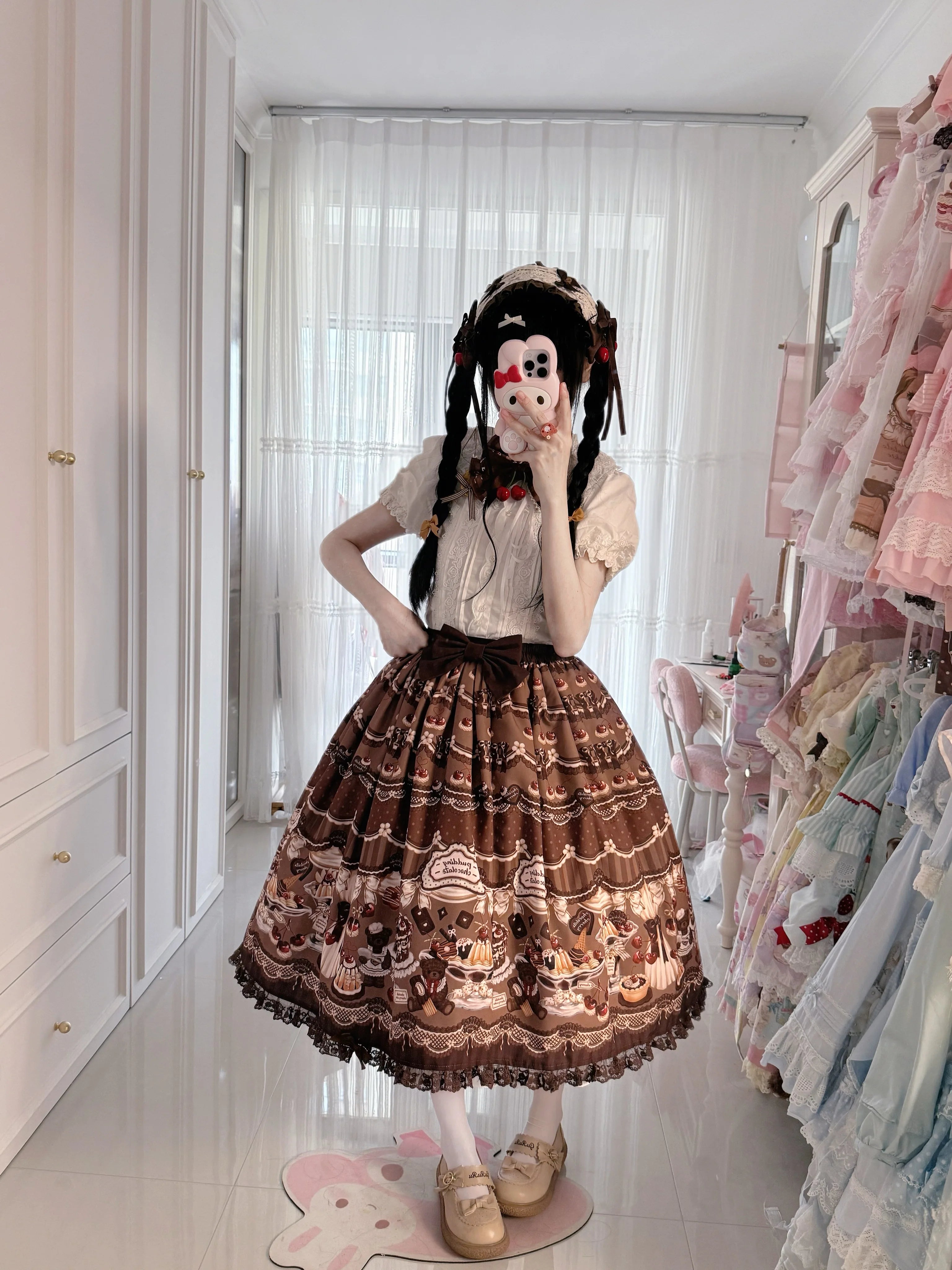 Cherry Choco Bear - Kawaii Lolita Elastic Skirt, Dessert and Cherry Print