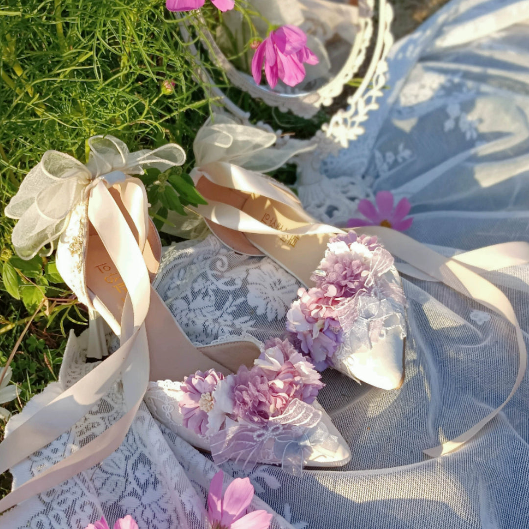 Sky Rabbit~Hanami Season~Wedding Lolita Heel Shoes with Floral Decoration