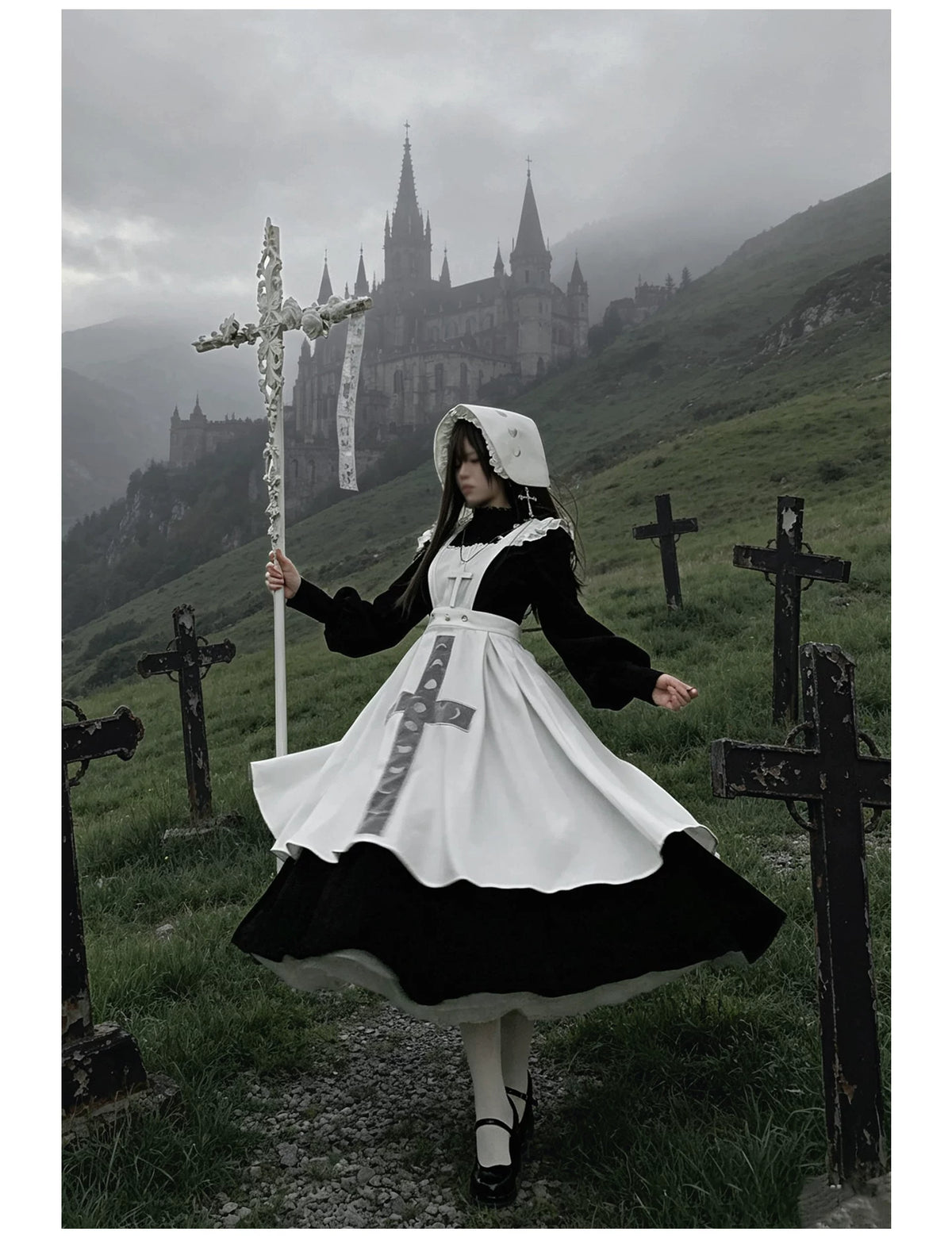 Moon Phase - Gothic Lolita OP Dress Set, Detachable Cross-Shaped Apron 46035:873381