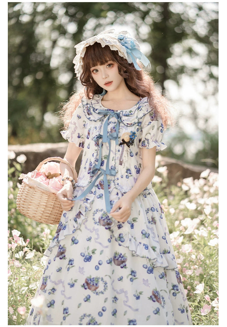 With PUJI~Berry Basket~Country Lolita OP Dress Blueberry Print Dress   