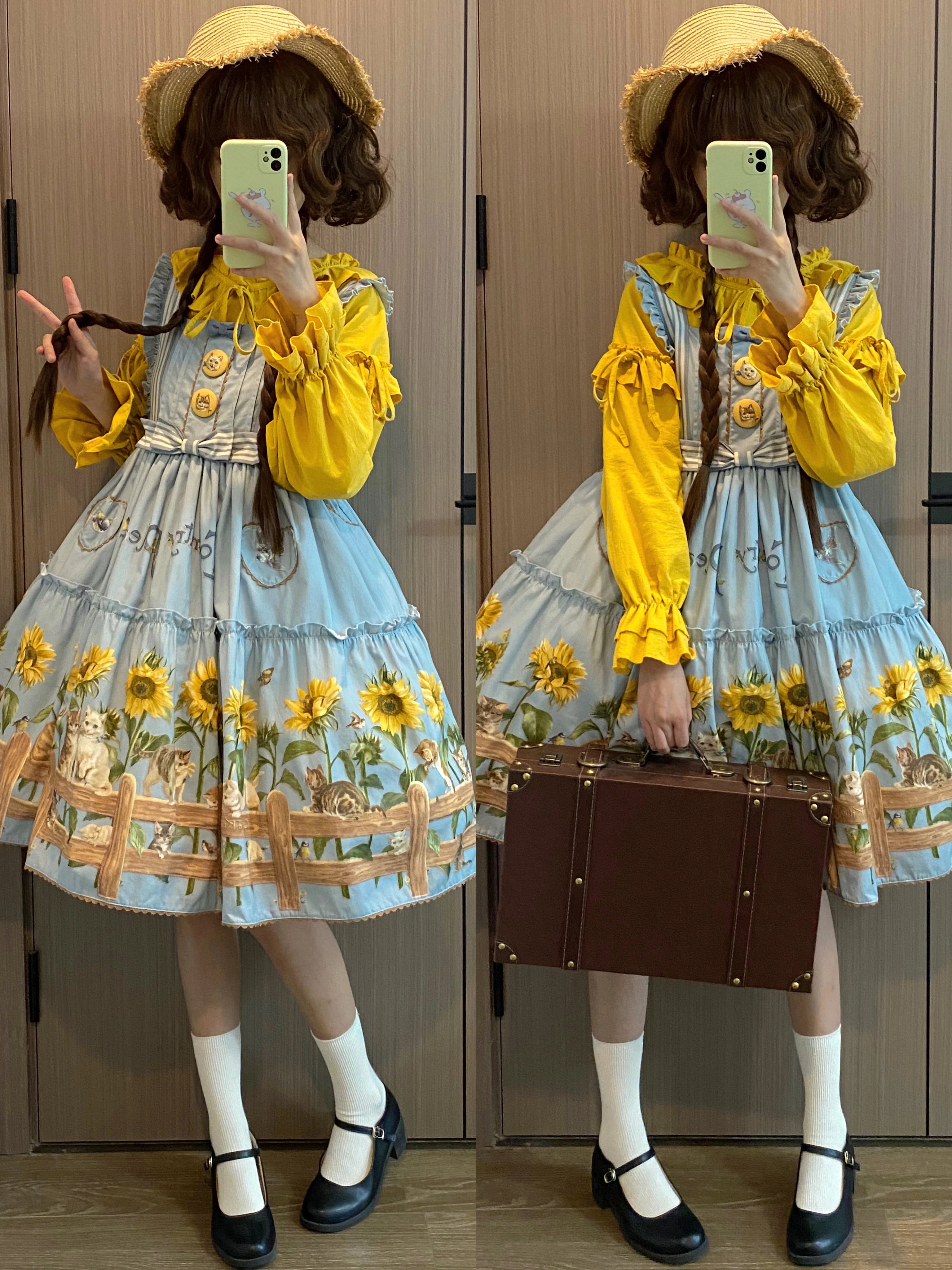 Polaris Lolita - Cat and Sunflower - Sweet Lolita JSK Cat and Sunflower Print Dress and Headdress Set S Blue JSK Only