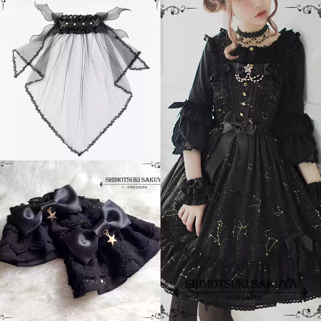 Sakuya Lolita~Whisper Of Stars~Constellation Foil Printing Elegant Lolita High Waist JSK Dress Black Regular Waist JSK +Veil+Cuffs Star Lace Hem Dress (without blouse) 