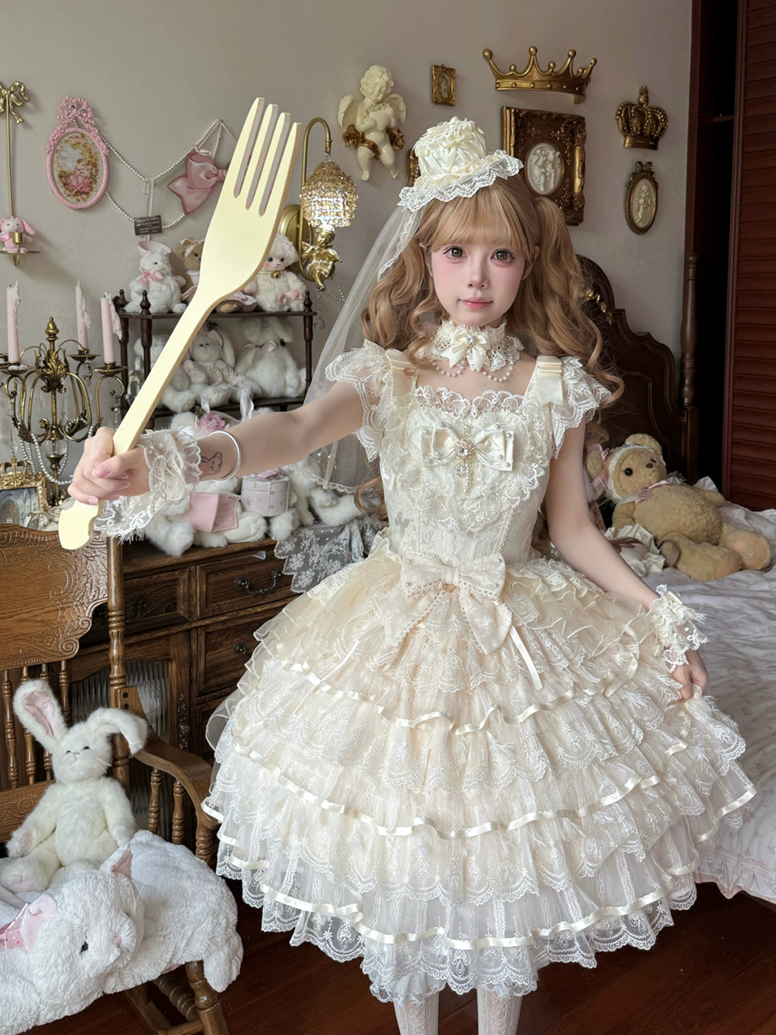 Hanguliang - Feather's Ballad - Wedding Lolita JSK Dress, Tiered Ruffles 43707:784277