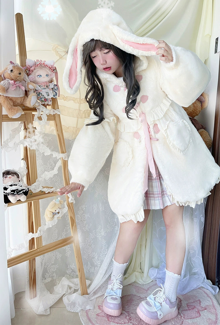 ZhiJinYuan~Long Ear Bunny~Kawaii Lolita Coat Fleece Bunny Ear Top