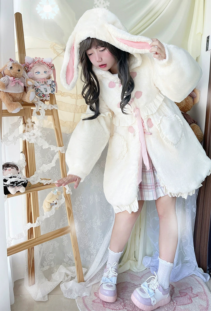 ZhiJinYuan~Long Ear Bunny~Kawaii Lolita Coat Fleece Bunny Ear Top   