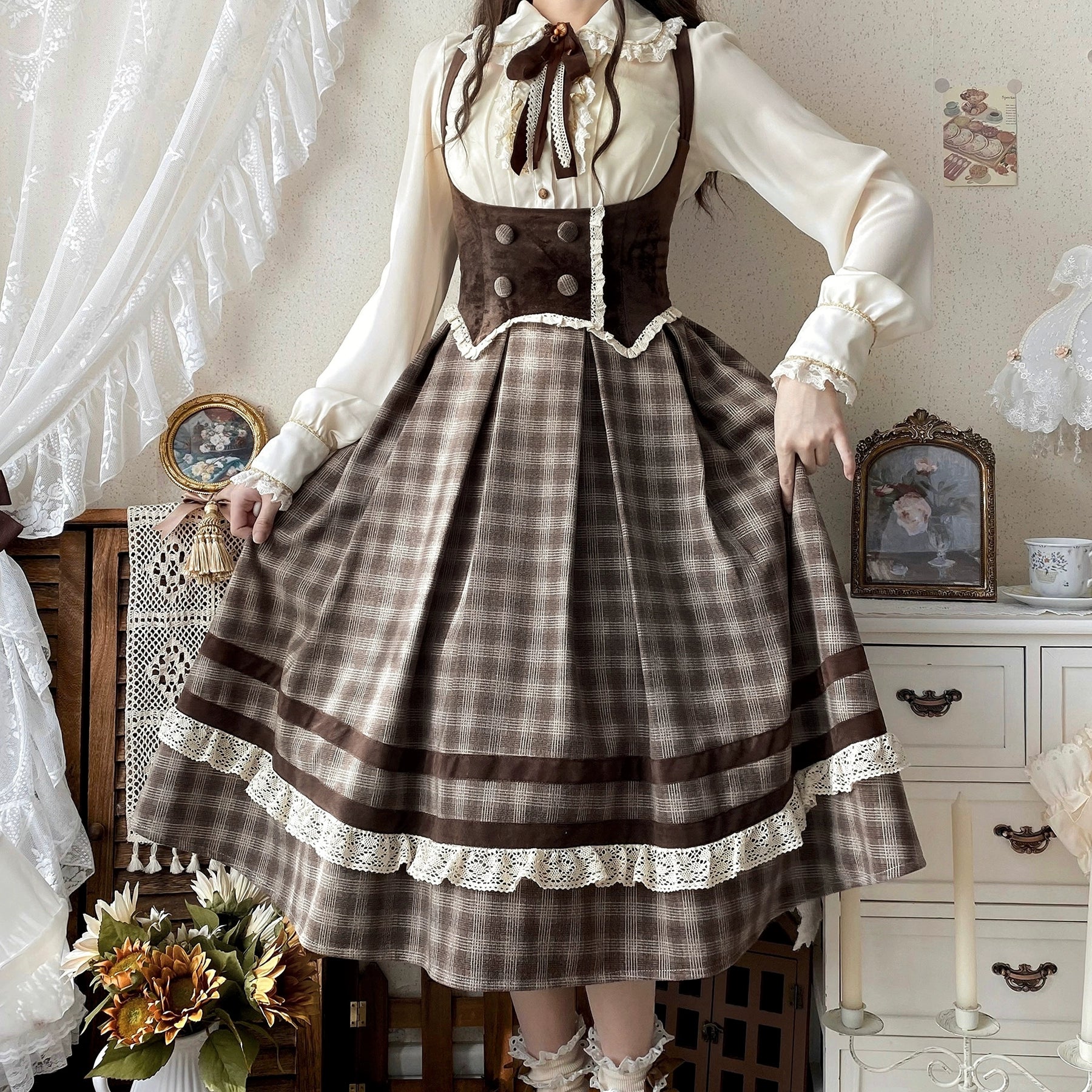 White Tea Story - Chestnut Autumn - Plaid Classic Lolita JSK, Bust Supporting 44210:798727