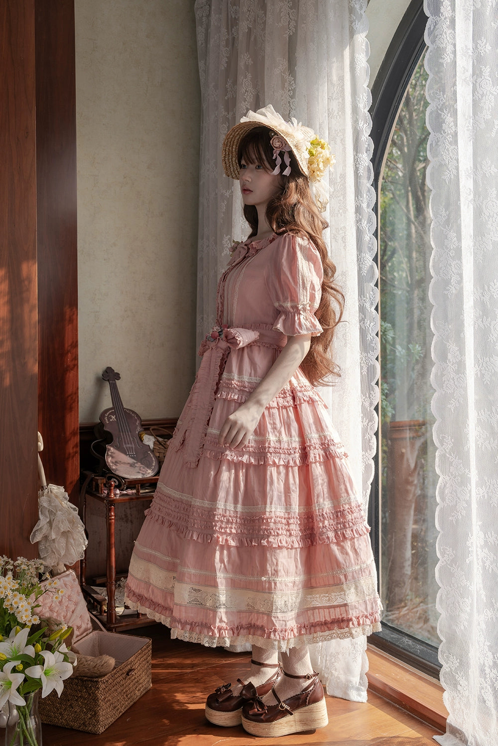 Miss Point~Cat Rose Tea~Elegant Lolita OP Open-front Short Sleeve Tiered Dress