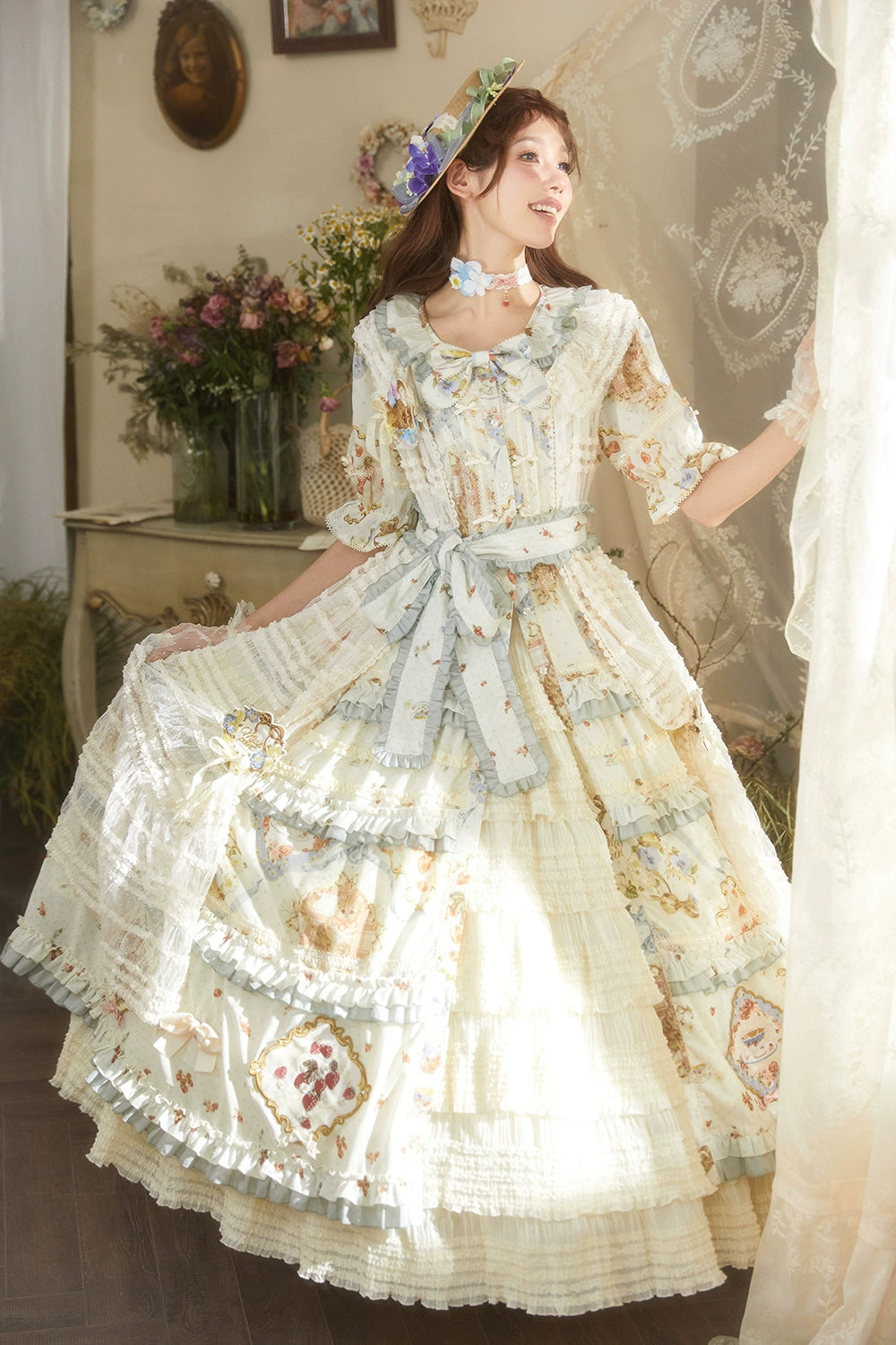 Miss Point~Cat Rose Tea~Sweet Lolita Tulle Cardigan and Long Skirt Overlay