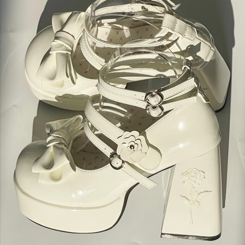 Dreamland~Whispers of the Rose~Daily Lolita Platform Heels Shoes with Relief Rose Shine White (back heel height: 11 cm) 34