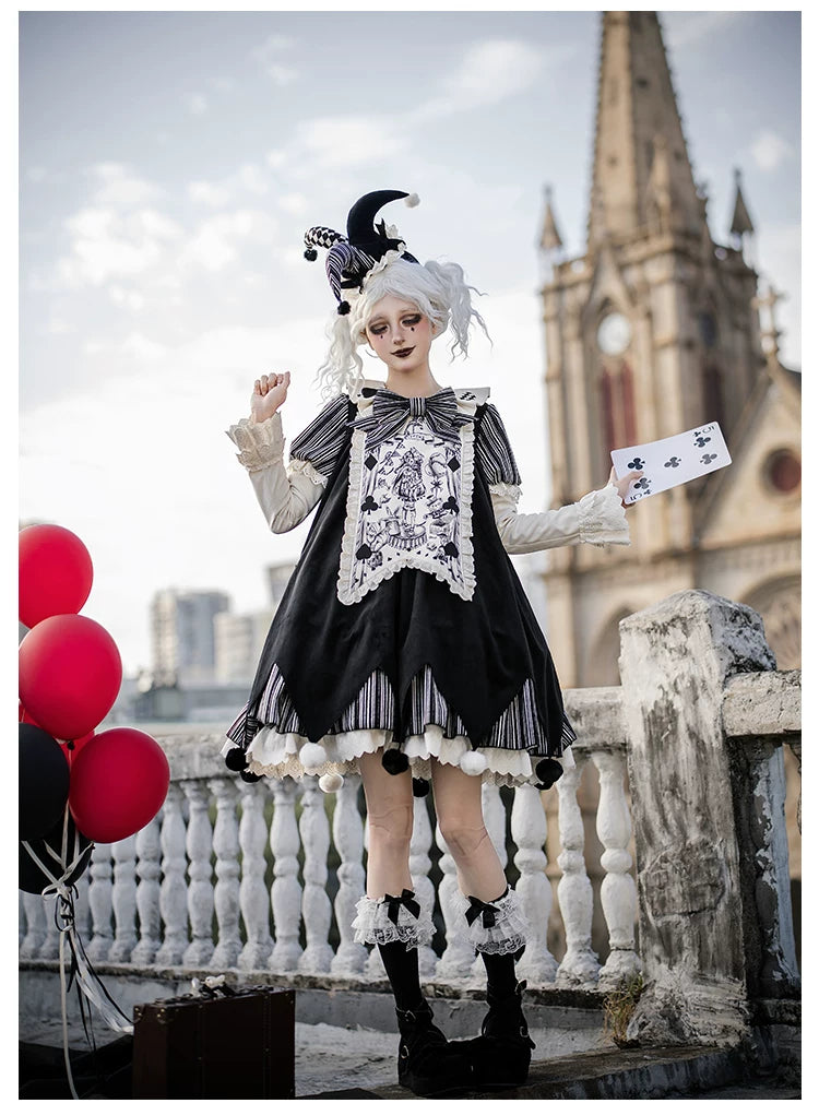 Puppet Mask - Clown Inspired Gothic Lolita OP Dress, Loose Fit 44409:807140