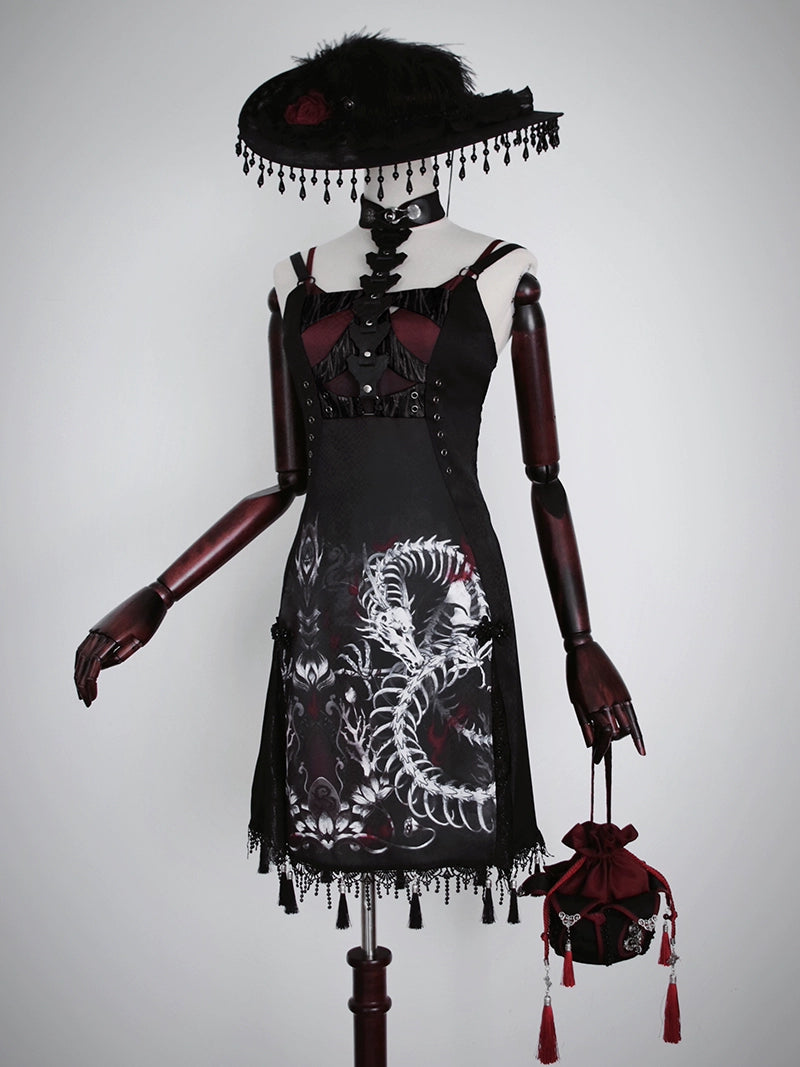 Alice Girl~Bony Dragon~Qi Lolita Jumper Dress Dragon Embroidery Cheongsam Black and Red JSK (Short) XS 