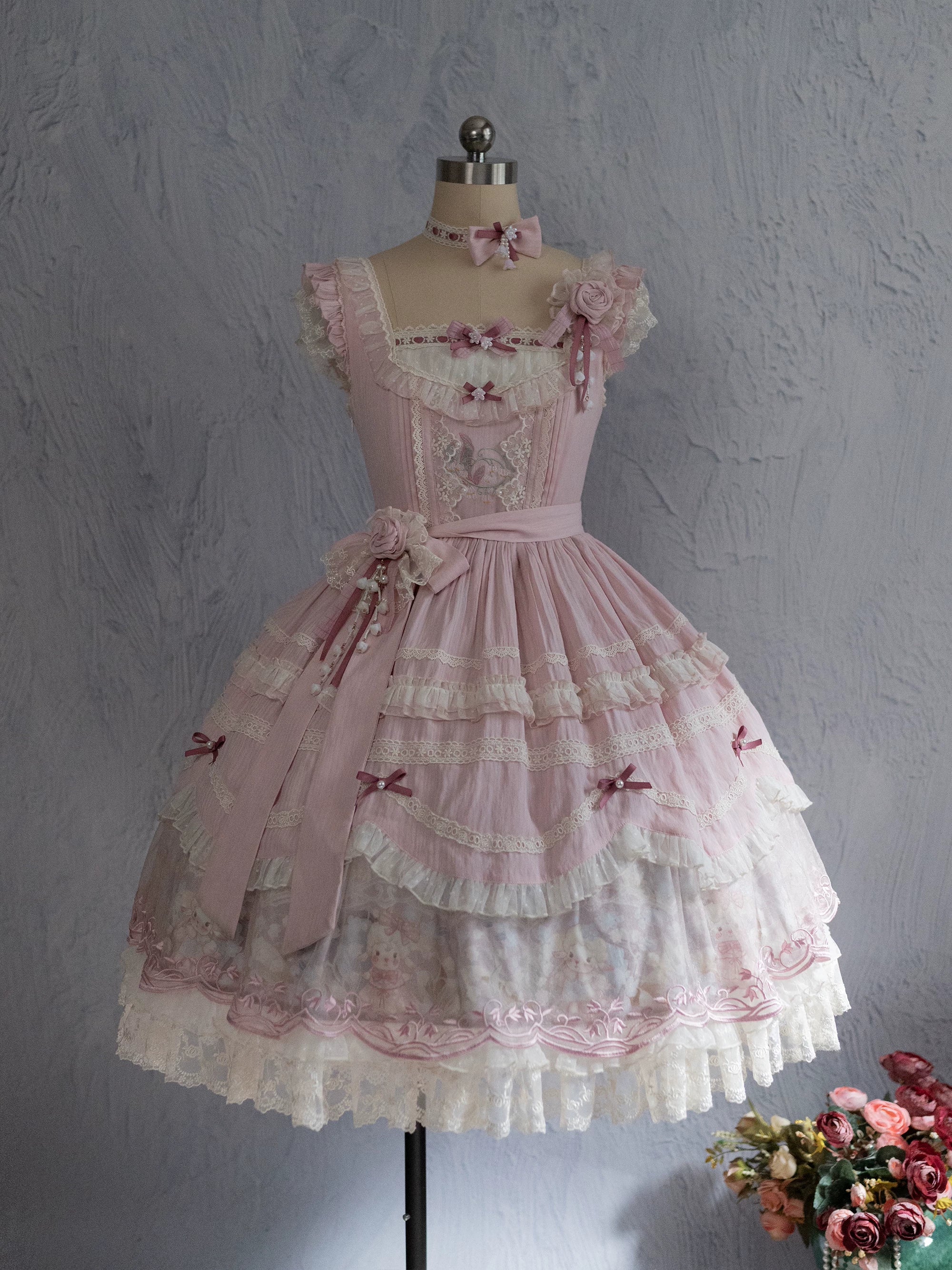 Lily of the Valley Lamb - Classic Lolita Tiered Hem JSK Dress with Embroidery (M S XS / Pre-order) 45277:852063