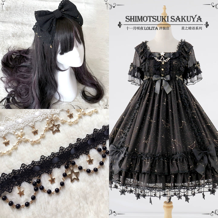 Sakuya Lolita~Whisper of Stars~Vintage Lolita OP Dress Constellation-themed Black Lolita Dress   