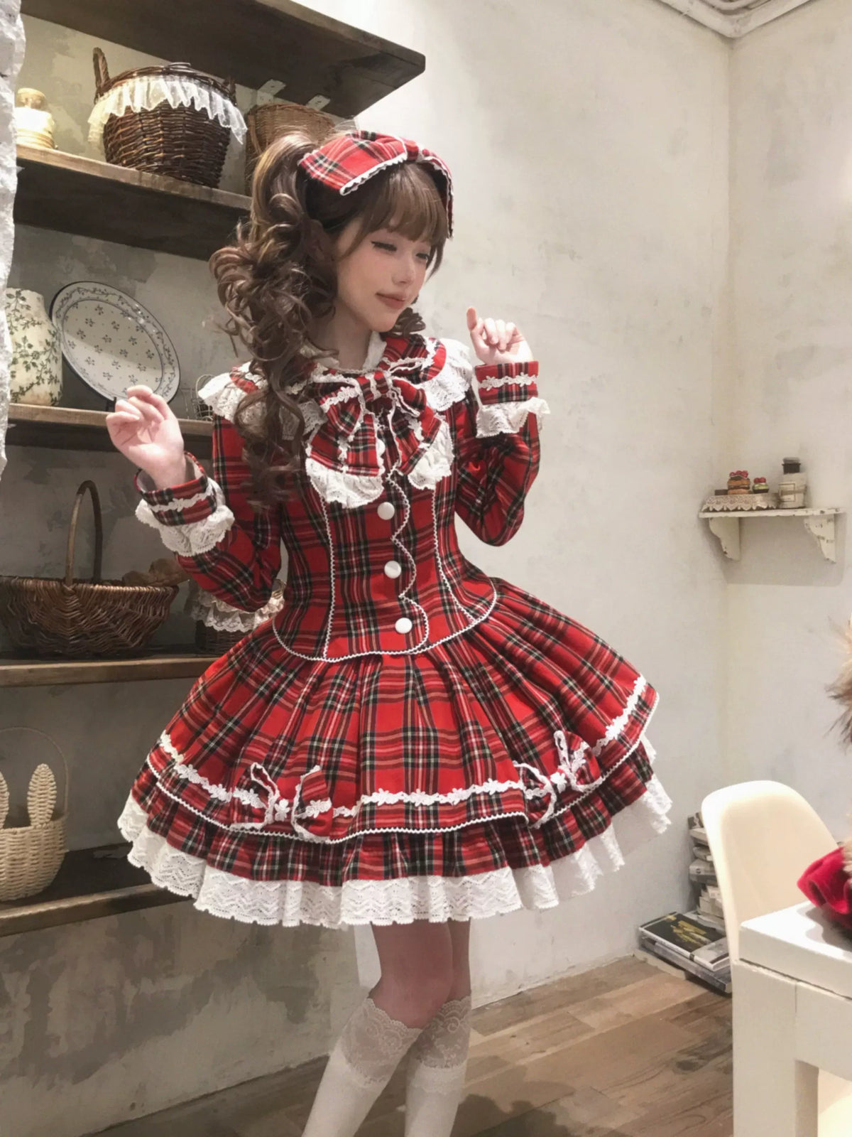 Christmas Knot - Christmas Old School Lolita Jacket & Skirt Set, Red Plaid 46051:873311