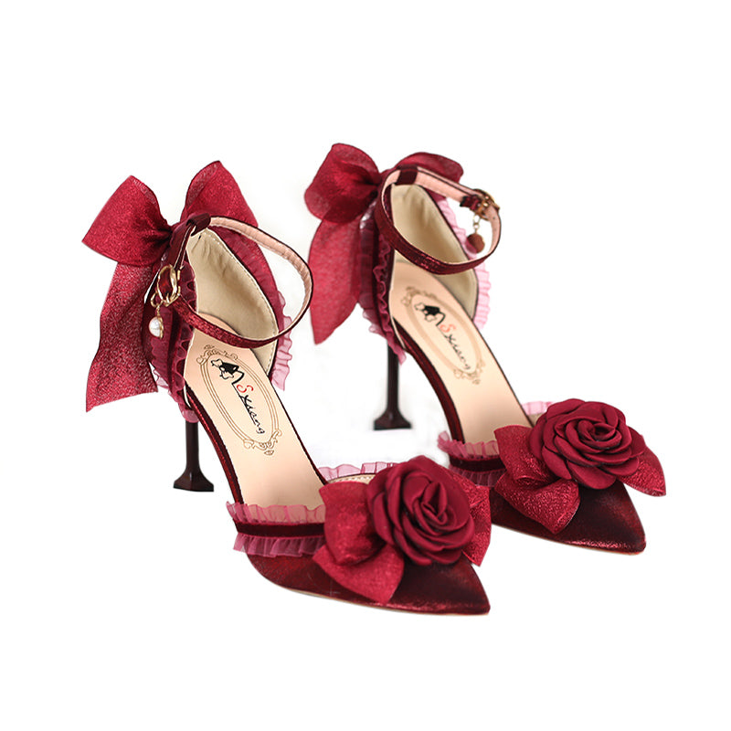 Xiaogui - Elegant Lolita High-Heeled Camellia Bows Shoes 34 burgundy 8cm