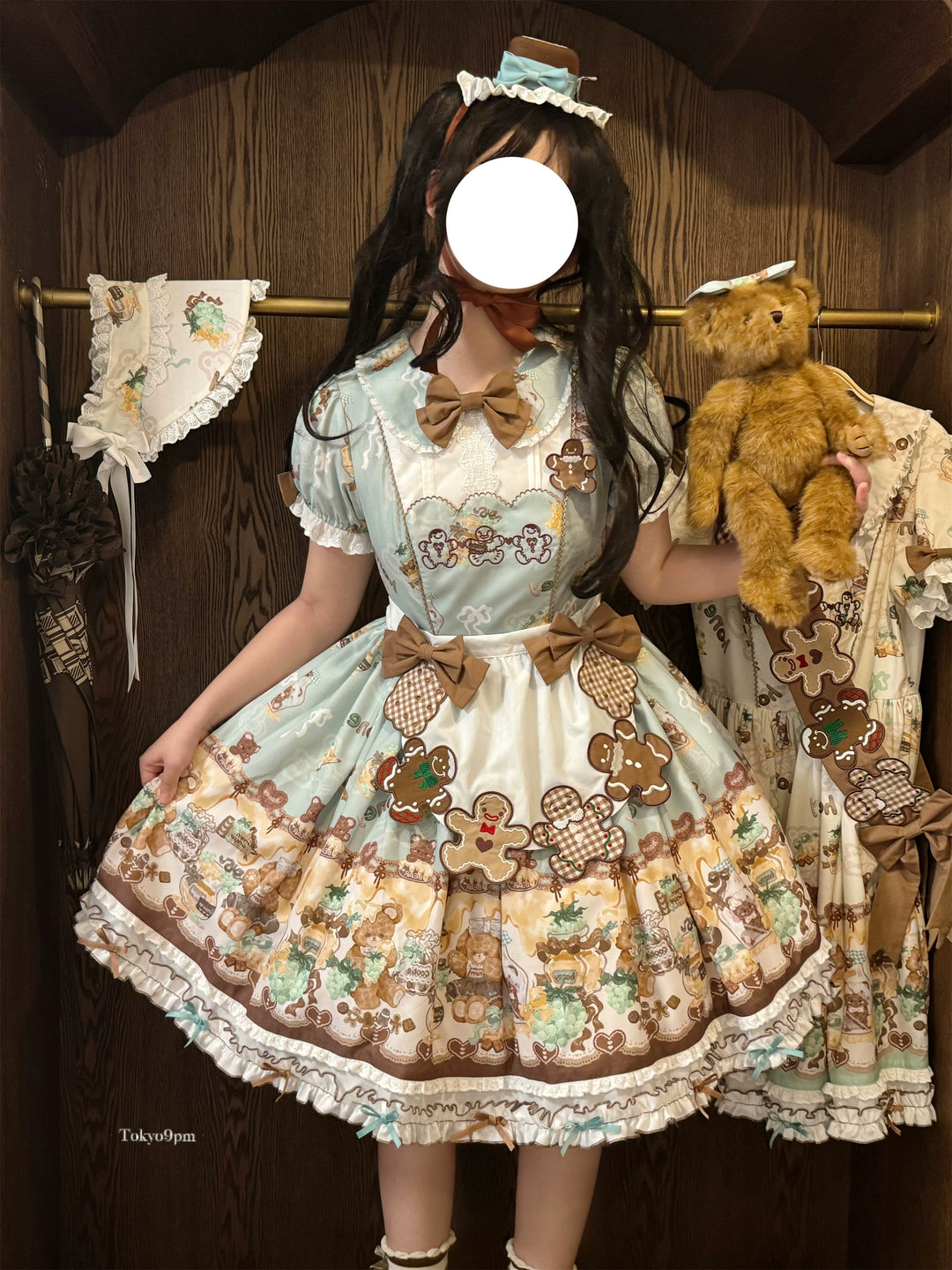 Babyblue~Little Bear Honey Jar~Kawaii Lolita Short Sleeve OP Gingerbread Man Embroidered Dress 40362:656888