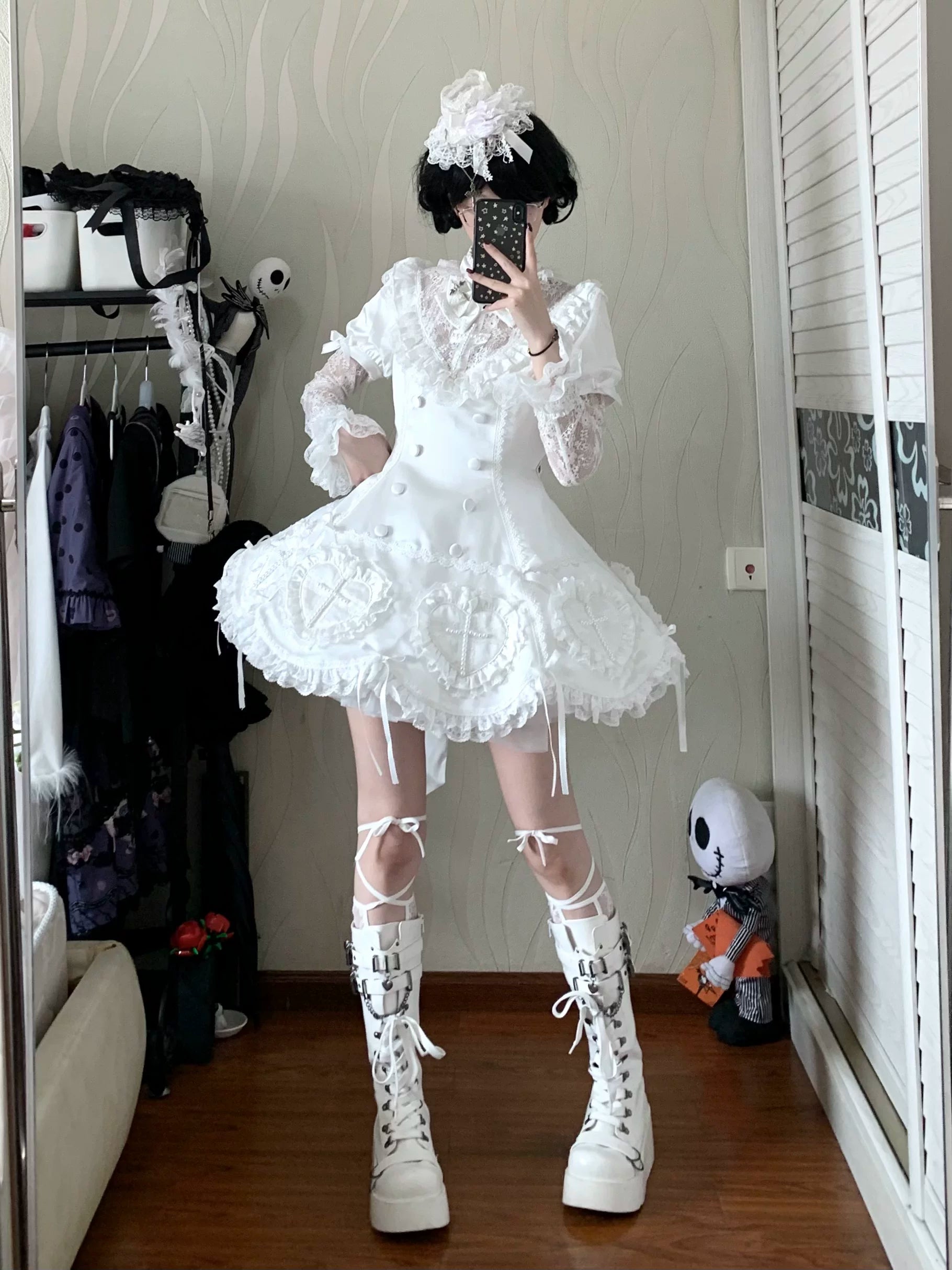 Nocthymn Cross - Gothic Lolita OP Dress with Pearled Cross, Detachable Sleeves (L M S XL) 45813:863436