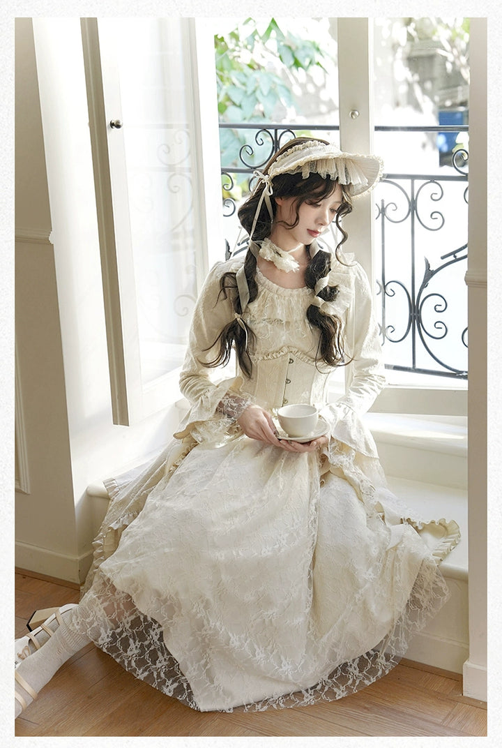 With PUJI~White Tea~Classic Lolita OP Dress with Irregular Design and Fishbone Waistband