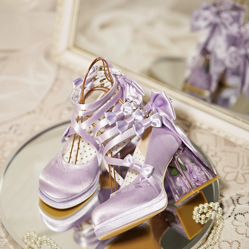 Panda Bear - Glass Floral House - Elegant Lolita Shoes,Transparent Heels with 3D Floral (Purple / 34 35 36 37 38 39 40 41) 44045:793521
