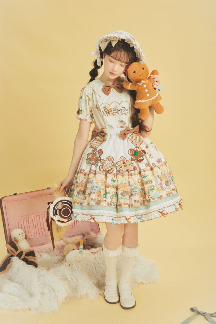 Babyblue~Little Bear Honey Jar~Kawaii Lolita Short Sleeve OP Gingerbread Man Embroidered Dress 40362:656874