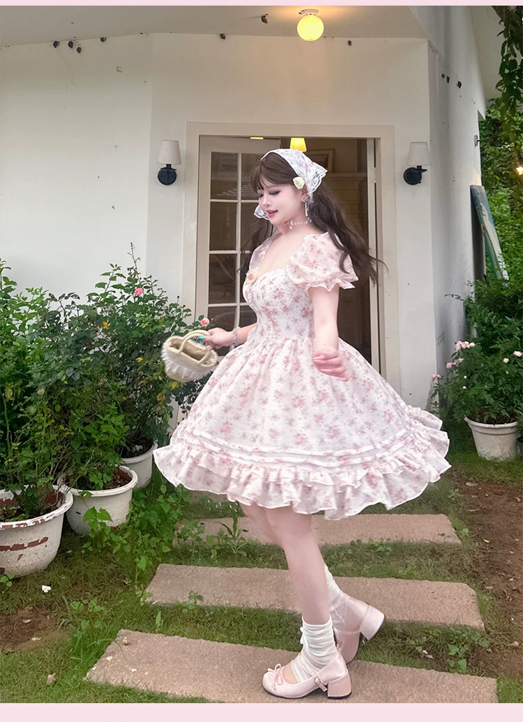Yingtang~Plus Size Lolita OP Dress Floral Print Princess Dress   