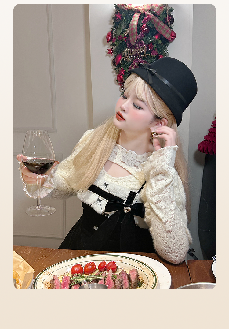Yingtang~Plus Size Lolita Dress Elegant Velvet Bud Dress Set XL Base shirt 