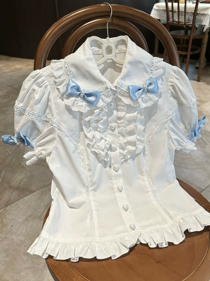 Mengfuzi~Showa Doll~Old school Lolita Blouse Pearl and Bow shirt Blue blouse (with detachable sleeves) S