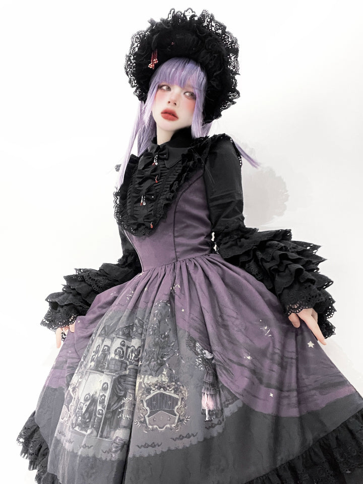 Dark Circle Clinic~Barbara Manor Night~Gothic Lolita JSK Pleated Floral Print Lolita Dress   