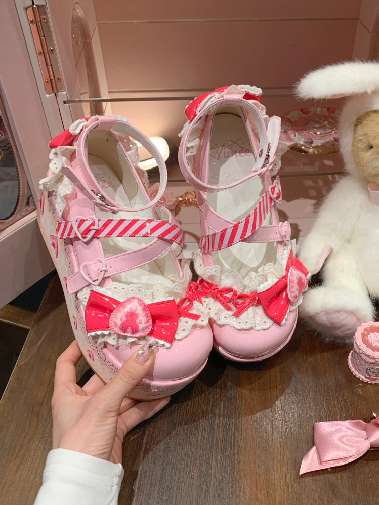 Aimee~Strawberry~Sweet Lolita High Platform Shoes Kawaii Lolita Shoes Pink 34