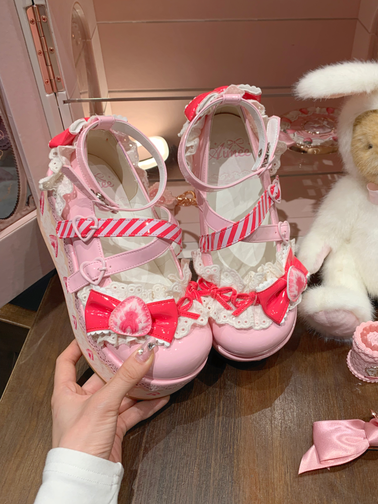 Aimee - Strawberry - Sweet Lolita High Platform Shoes Kawaii Lolita Shoes Pink 34