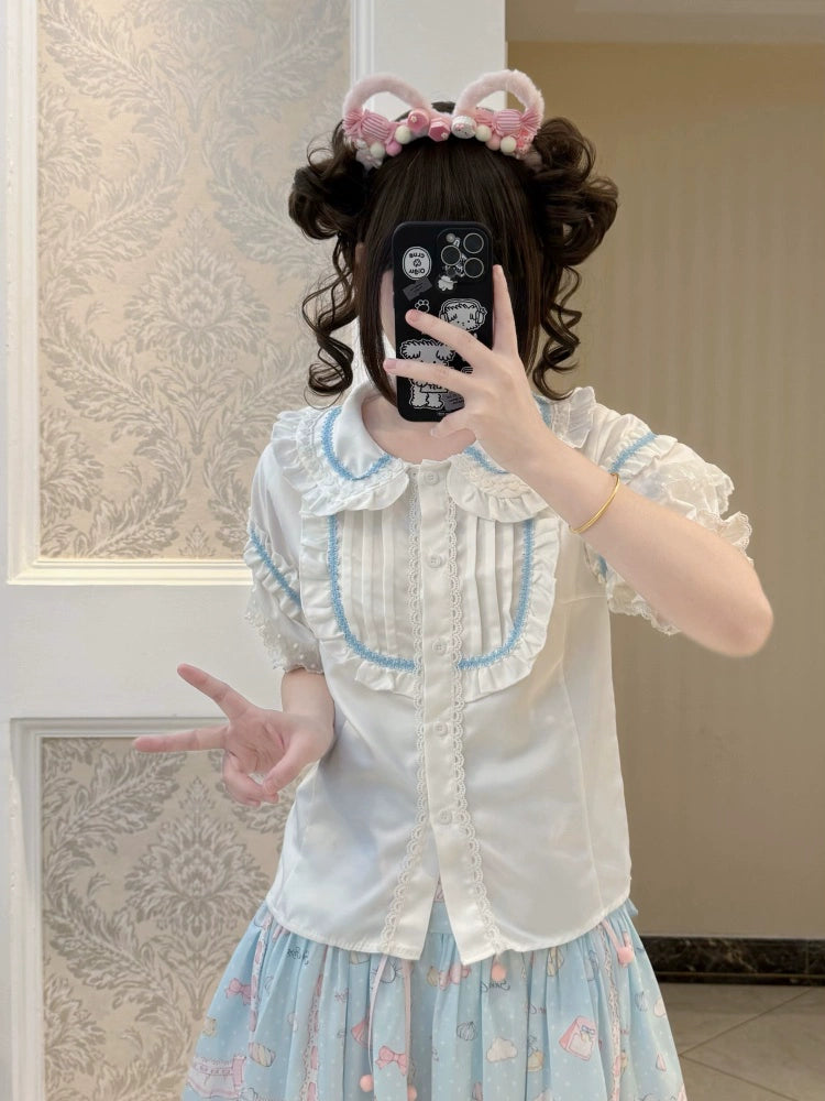 Suiyi - Meow Pompom - Sweet Lolita Salopette Dress Suit, Cat Print Sky Blue Blouse S