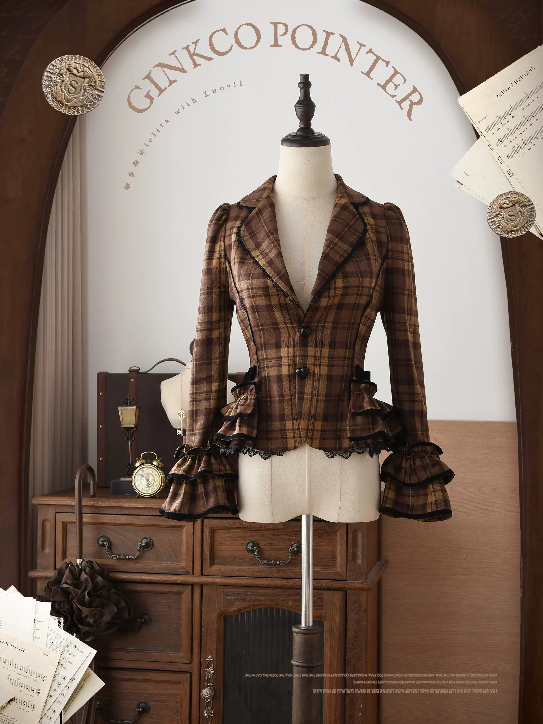 Chris's Notes - Old School Lolita Plaid Coat Set, Tiered Skirt Caramel Brown Coat (requires purchase as a set) S