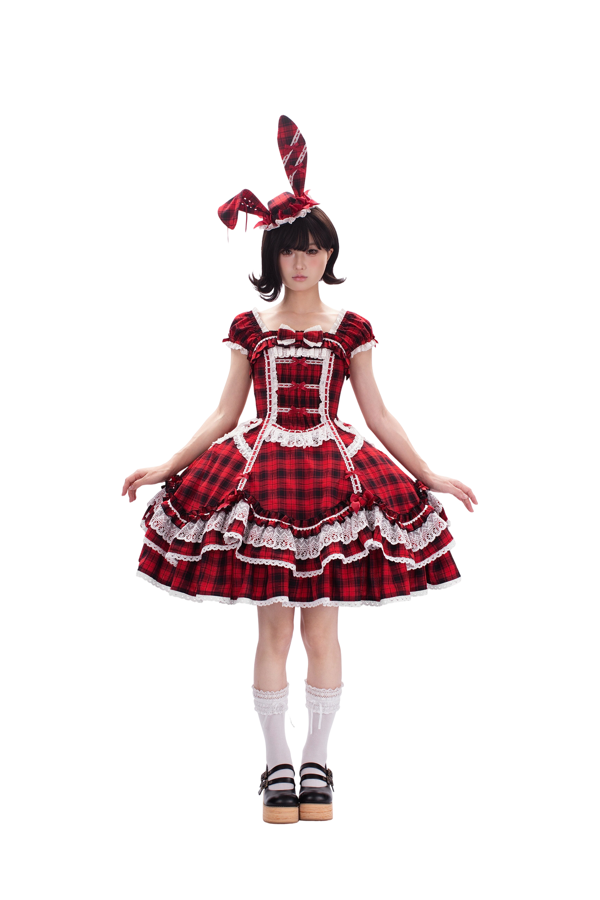 Plaid Lace Bunny - Old School Lolita Plaid OP Dress, Lace Trim 45992:871315