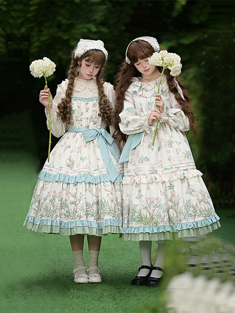 With PUJI - Oriole Time - Country Lolita JSK and OP Dress, Floral and Bird Print 44048:794554