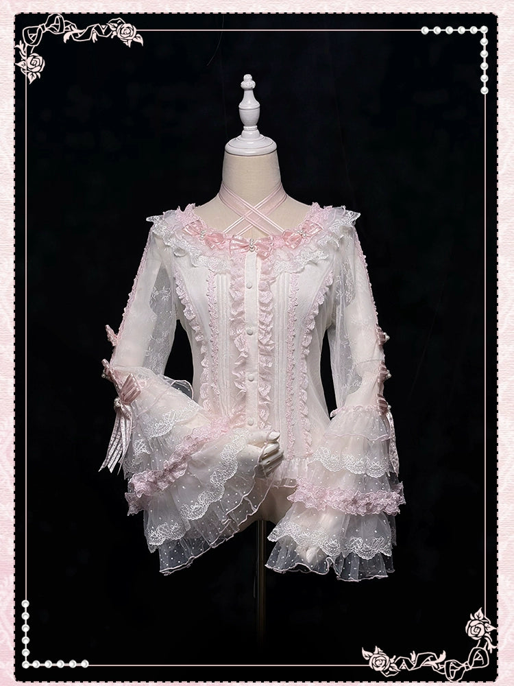 Shuang Sheng Xiao Xiong - Heart of Love - Lace Sweet Lolita Shirt, Hime-Sleeves White and Pink - Shirt Only XS