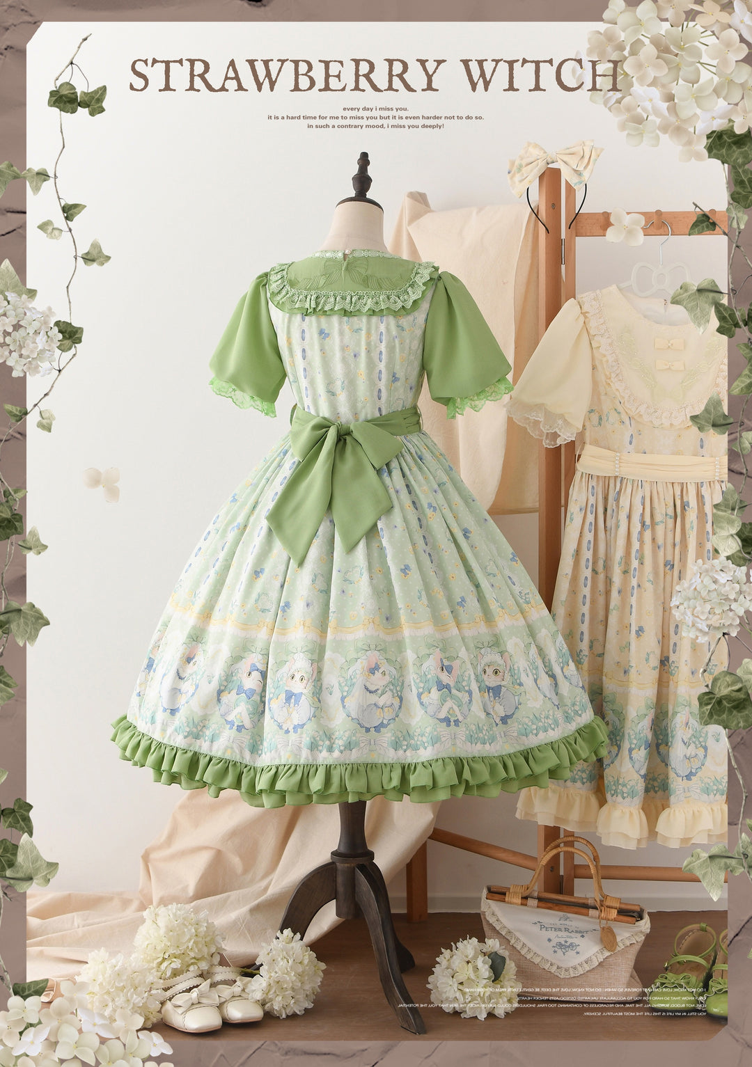 Strawberry Witch~Lily of the Valley Kitten~Country Lolita OP with Embroidery and Cat Print 42299:743231