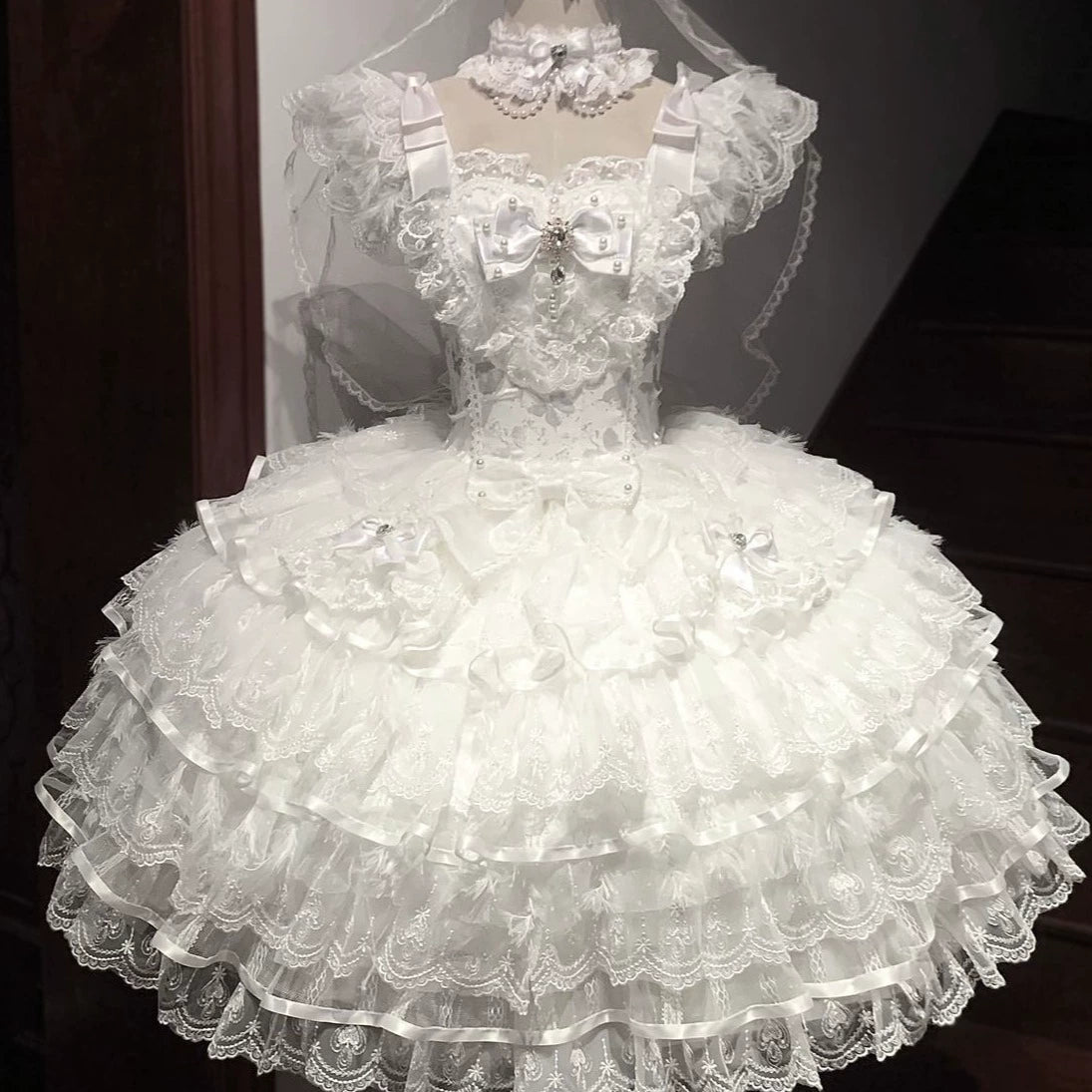 Hanguliang - Feather's Ballad - Wedding Lolita JSK Dress, Tiered Ruffles 43707:784257