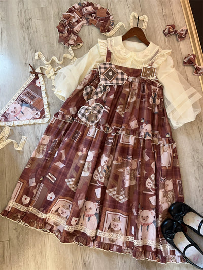 Babyblue~Gretel Bear~Vintage Lolita Dress Teddy Bear Prints Dress S Brown JSK (with waist tie) 