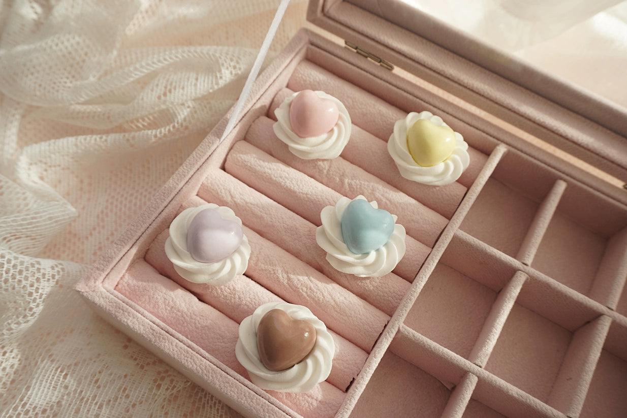 Cat Tea Party~Cute Lolita Ring Handmade Clay Cream Heart Shape Adjustable Ring   