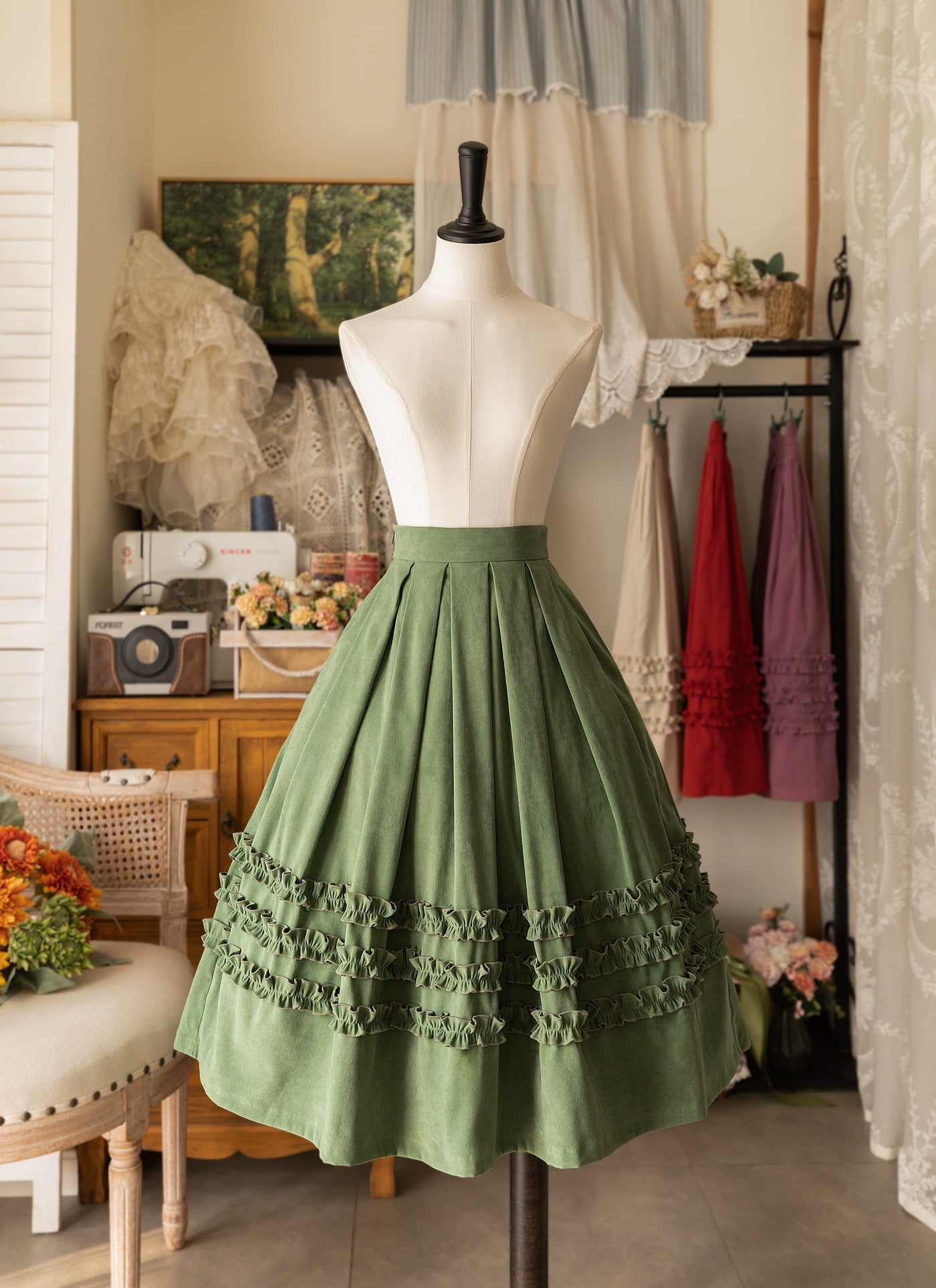 Forest Wardrobe~Forest Basket~Elegant Lolita Skirt Mushroom Edge Skirt Retro Classic S Grass green 
