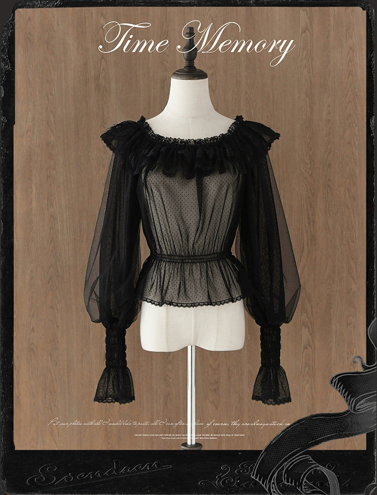 Time Memory~Layered Heart~Sheer Classic Shirt with Mutton Sleeves & Polka Dot Black Polka Dot - Shirt Only - in stock F