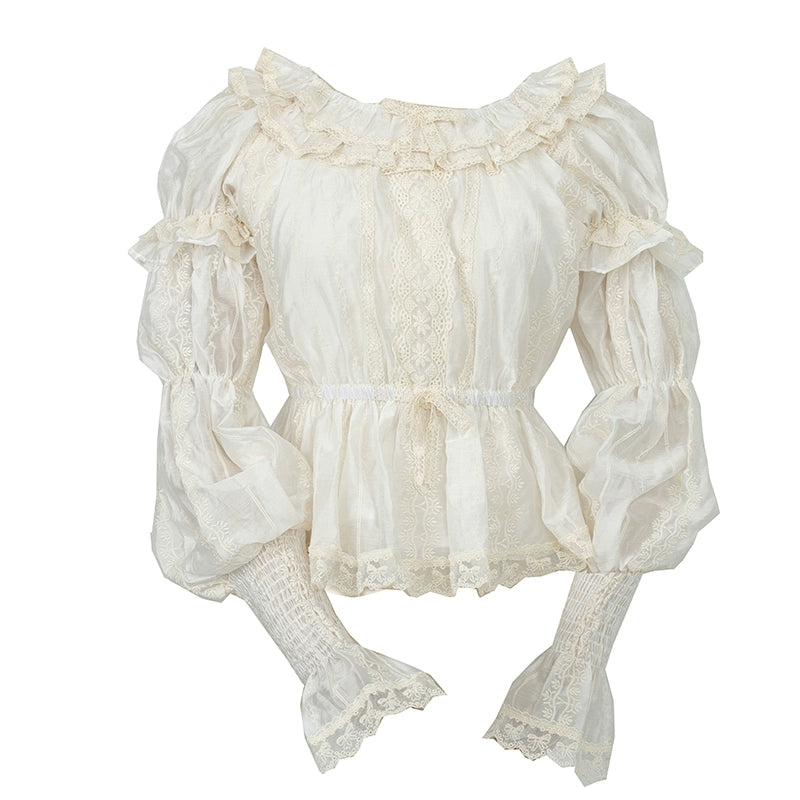 Balladeer~Chiffon Lolita Shirt Detachable Lotus Sleeve Blouse S Apricot Pleated Version - Long Sleeve (Detachable Sleeves ) 