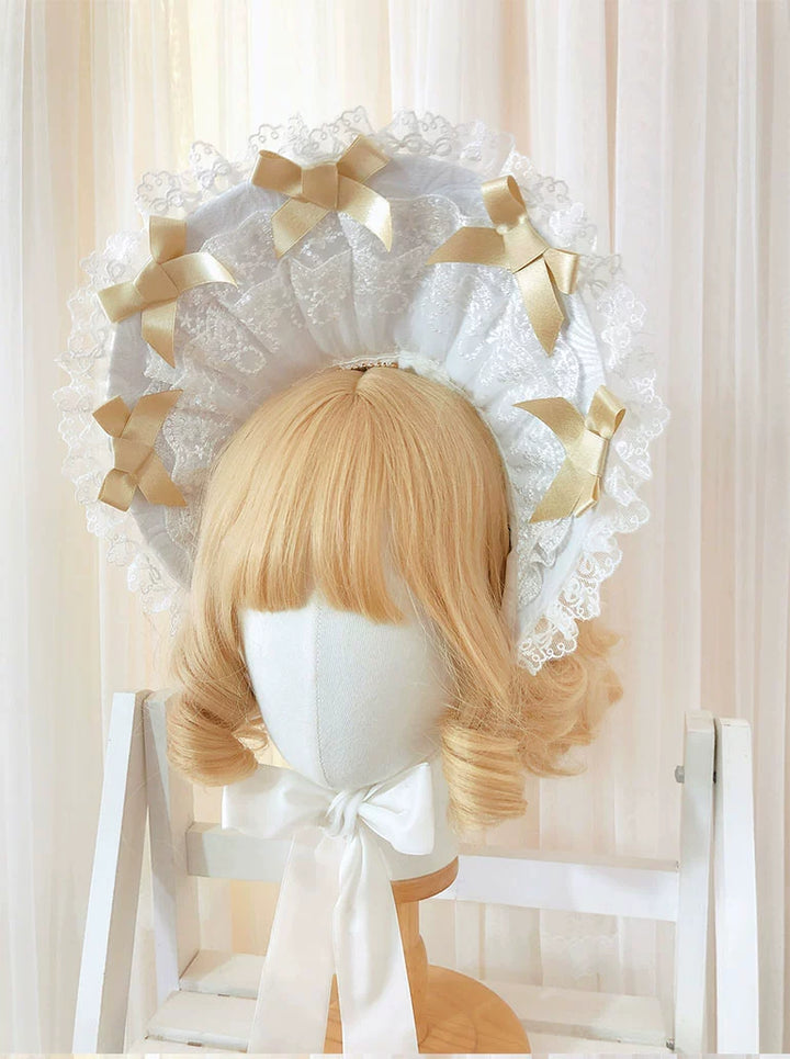 Maid~Sweet Lolita Bonnet Multi-layer Lace BNT White and gold  