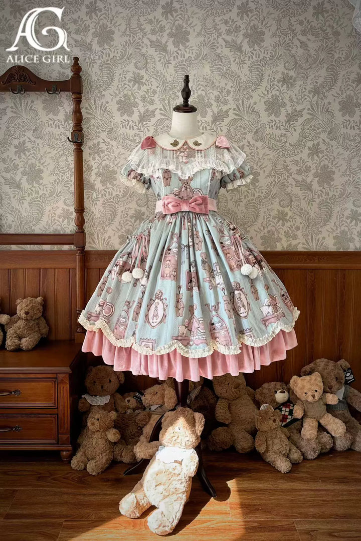 Alice Girl~Bear Doll Wall~Sweet Lolita OP Lovely Bear Print Dress XS Pink green 