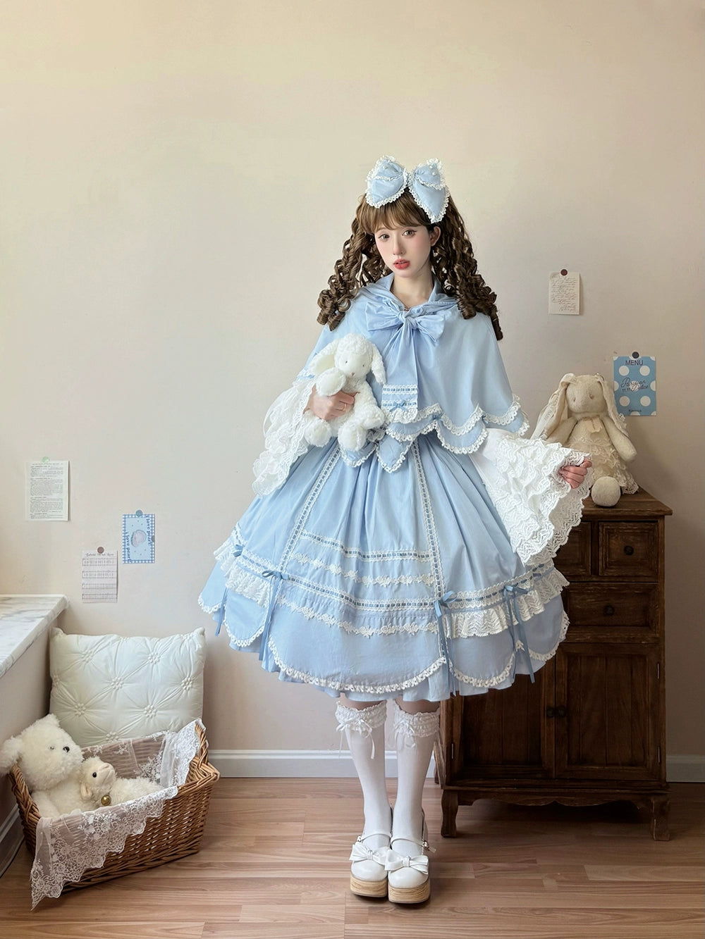 Vintage Petal Rabbit - Pure Cotton Kawaii Lolita Cape With Rabbit Ear Hood 43138:767105