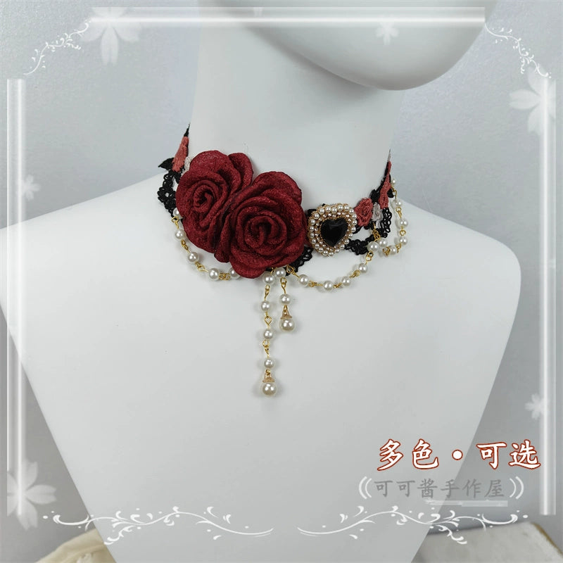 Cocoa Jam~Elegant Lolita Necklace Rose Gemstones and Pearl Necklace   